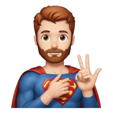 Adult Superman with redish brownish hair and full scruffy beard demonstrating hand heart  sticker