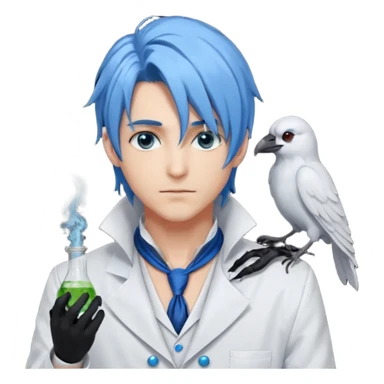 Alchemist handsome anime man with light-blue beautiful hair, handsome sexy, long hair tendril bangs down on the sides, white lab coat, blue cravat, black feathers on shoulder, raven companion, black gloves, red eyes sticker