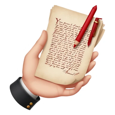 Minimalist emoji-style sticker of a pale hand signing a parchment contract titled “YOUR SOUL” in gothic font, muted red ink, grayscale background sticker