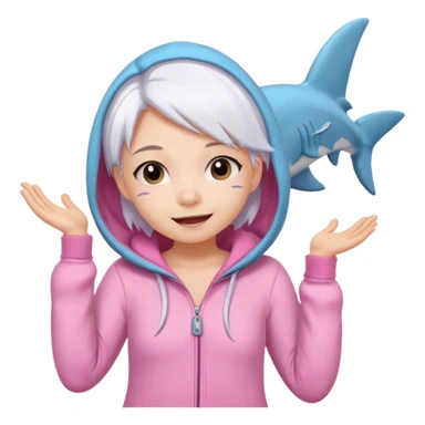 cute girl with white hair wearing a pink shark onesie, showing playful emotions sticker