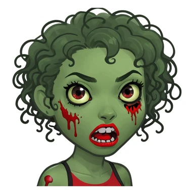 zombie girl with curly black hair and red streaks, memoji style, expressive face, zombie details sticker