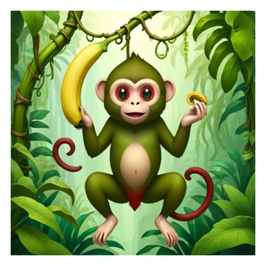 A surreal hybrid creature that is half monkey (top) and half banana (bottom). Green monkey with red facial features on top, and an opened banana peel forming the lower body. Set in a jungle with hanging vines and soft light filtering through trees sticker