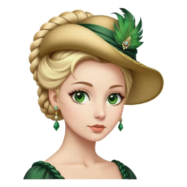 lady with Pale complexion, sharp features, high cheekbones, Blonde hair, usually styled in regancy braided updo, green eyes accessorized with a feathered hat,  sticker