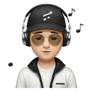 dj man white with baseball cap - rayban Sun Glasses 80s - brown hair - closed eyes with headphones on with musical note over head (listening to music ) - eyes closed no glasses - black hat  musical notes floating around head -  sticker