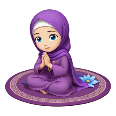Turkish beautiful finish Konya girl blue eyes with purple flower hijab long tail dress and sits on the pray mat namaz on the ground with Islamic dua  sticker