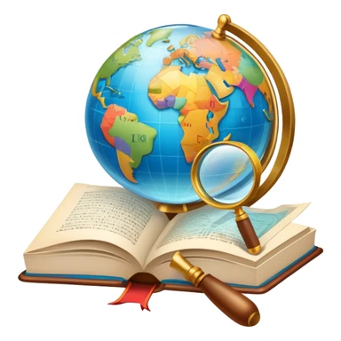 An icon featuring an open book, a speech bubble, and a magnifying glass, symbolizing philology and linguistics. The design includes language symbols, a globe, and alphabet letters, representing the study of languages and their structures. Transparent background  sticker