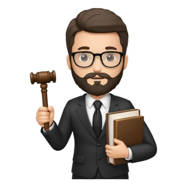 Create a male lawyer. he is wearing a fromal suit jckeret. He is holding a gavel in one hand and a book tucked under his another arm. He has beard and glasses without the glass lol. And the hair is kinda darker but not black sticker