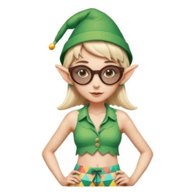elf female legolas portrait, patterned board shorts (geometric/abstract), unique wooden-framed sunglasses, undercut hairstyle, slight smirk, visible pointy ears, no background, centered emoji, hipster summer vibe coctails with summer hat sticker