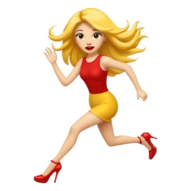 circular yellow traditional emoji with long fake lashes, big red lips, long hair, hovering feet in heels, running to the left sticker