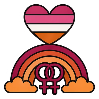 Make the rainbow design more explicitly lesbian by using the official lesbian pride flag colors (dark orange, orange, light orange, white, pink, dusty pink, dark rose). Add subtle lesbian symbols like double venus or interlocked female signs. Keep it bold and vibrant, no text, with no background. sticker