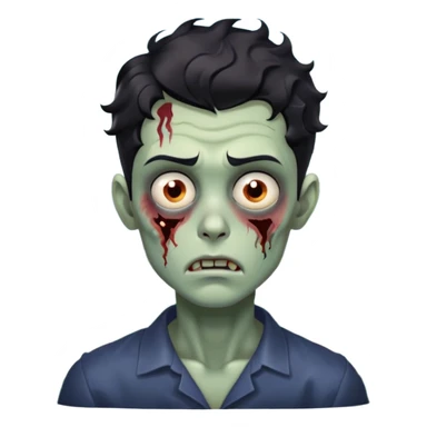 Make a handsome zombie boy with wavy black hair, with the waves showing behind his neck like long hair, the hair touching his forehead just above the eyebrows, with tired, slanted eyes, a thick eyebrow, and a closed mouth like the iPhone emoji. sticker