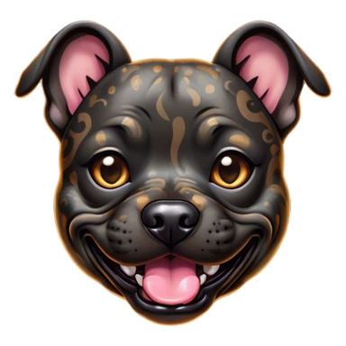 Cinematic Comical Black/Brindle Staffordshire Bull Terrier Portrait Emoji, Head tilted dramatically with an exaggeratedly amused expression, featuring a striking Fur with bold black and brindle patterns, wide, expressive dark eyes filled with playful disbelief, Simplified yet hilariously expressive features, highly detailed, glowing with a slightly sassy glow, high shine, dramatic yet playful, stylized with an air of cheeky mischief, bright and endearing, soft glowing outline, capturing the essence of a spirited and over-the-top guardian, so meme-worthy it feels like it could side-eye its way into internet fame instantly! sticker