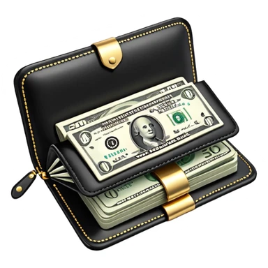 Rich emoji style black leather wallet with dollar bills, luxury money vibe, premium 3D emoji, ultra clean, high detail, no background sticker