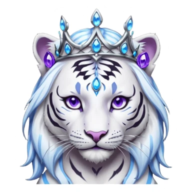 ESO Female white/black tiger khajiit leader of the umbral rose, glowing blue eyes, glowing blue 'third eye' gem; silver crown/tiara with purple gems  sticker