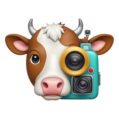 Emoji-style icon of a cow and buffalo with a camera or scan frame, representing image upload for breed detection. Simple, friendly, rounded design, clear at small sizes, teal and white accents, no text, transparent background. sticker