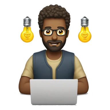 A man with with beard working on a laptop with a lightbulb above his head sticker