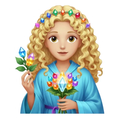 a being made of light pleidian nordic long faces and curly blond hair but beautiful features of light with a robe on made of light and who is lanky holding a bouquet of crystal flowers on rainbow fire sticker