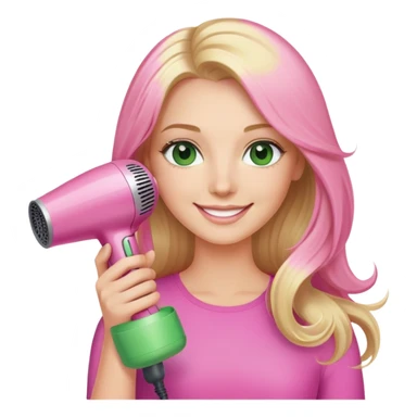 blonde with long hair and green eyes, holding a pink Dyson hair dryer, smiling sticker