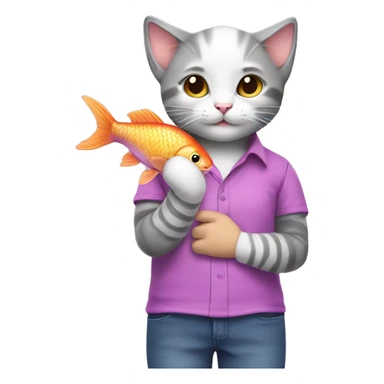 A gray and white kitten wearing a pink and purple shirt is holding a fish sticker