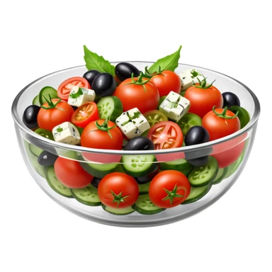 mediterranean salad bowl object icon, served in a transparent glass bowl, tomatoes, cucumbers, olives, feta cheese, olive oil dressing, glossy fresh look, 3D cartoon, mobile game icon style, centered, clean background, soft shadow, no text, no watermark sticker