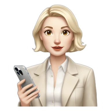 pale skin woman with ash blonde Straightened bob Hair, White Spacious classical jacket, beige palazzo Arrow pants and gray blouse holding white IPhone 14 pro in the hands sticker