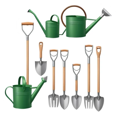gardening tools collection with shovel rake watering can sticker