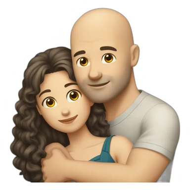caucasian bald man and a caucasian woman with long curly dark hair and bangs hugging sticker