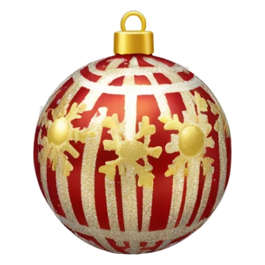 Create a smiley face of a Christmas tree toy in the form of a ball with patterns of snowflakes or stripes. The color of the ball is gold, red or silver to match the Christmas theme sticker