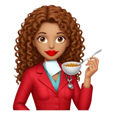 Sensual Spanish Lilith core evil surgeon.red outfit.  Surgeon has hazel eyes. Her hair is BROWN. Hair is also  long and  curly. wearing a sexy surgeon outfit with platform heels.she is a calculated smart cereal killer. She covers only her mouth and nose to hide identity  sticker