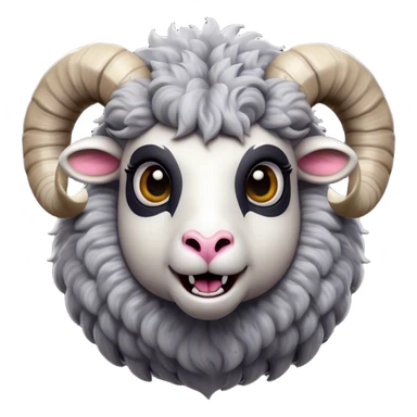 Cinematic Comical Ram Portrait Emoji, Head tilted dramatically with an exaggeratedly amused expression, featuring a striking woolly grey fur with impressively curled horns, wide, expressive dark eyes filled with playful disbelief, Simplified yet hilariously expressive features, highly detailed, glowing with a slightly sassy glow, high shine, dramatic yet playful, stylized with an air of cheeky mischief, bright and endearing, soft glowing outline, capturing the essence of a spirited and over-the-top ram, so meme-worthy it feels like it could butt its way into internet fame instantly! sticker