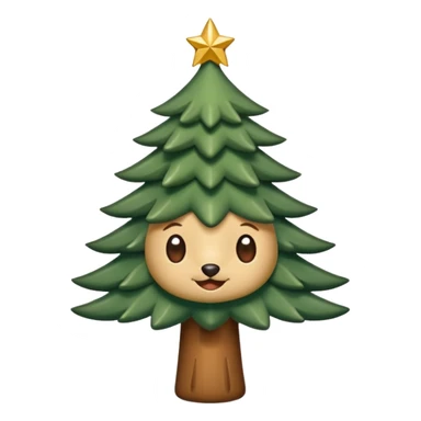 Un emoji représentant un petit sapin stylisé, sans bouche, avec deux grands yeux de biche brillants couleur cannelle. Style minimaliste, mignon et expressif, comme un sticker ou un emoji moderne. Fond parfaitement transparent, haute qualité, bien centré. sticker