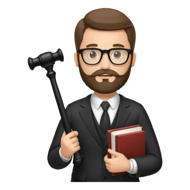 Create a male lawyer. he is wearing a fromal suit jckeret. He is holding a gavel in one hand and a book tucked under his another arm. He has beard and glasses sticker