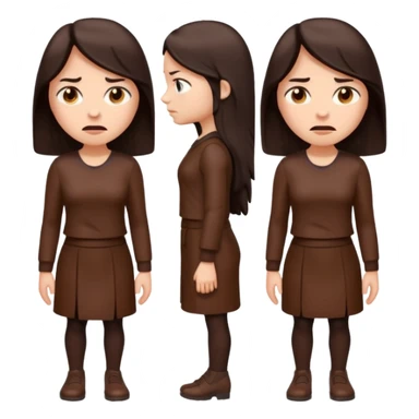 =Cartoon emoji of a woman with long, loose dark hair, wearing chocolate-colored clothes. Full-height, standing, nervous, unsure, worried expression. Slightly hunched, anxious posture. Smooth, simple, stylized sticker