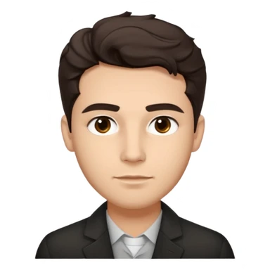 He’s a man with light to medium skin, a defined oval face, full brows, deep-set eyes, and wavy short dark brown hair styled with height, sides are trimmed. expression calm and focused relaxed black open-collar .polished, articulate, and coach vibe. sticker