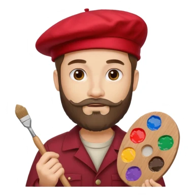 man artist with beard, wearing red beret and painter sticker