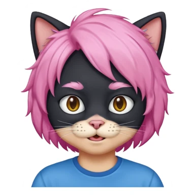 Black cat wearing a male pink hair wig, blue T-shirt sticker