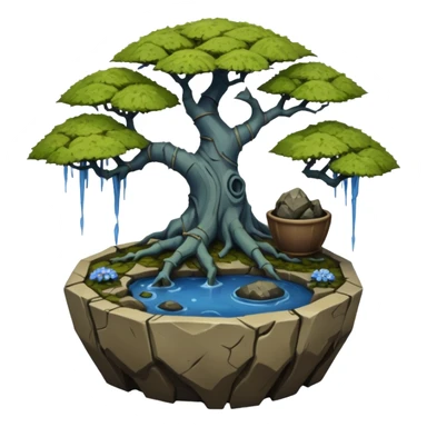 Bare haunted Alien landscape mudman very old broken cracked intricate Stone Age rocky-crusted irregular dodecagon-shaped shallow dark moss rough bark blue weeping willow flowered maple tree bonsai pot sticker