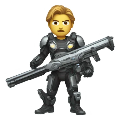 a mechanically augmented action hero with a futuristic shotgun sticker