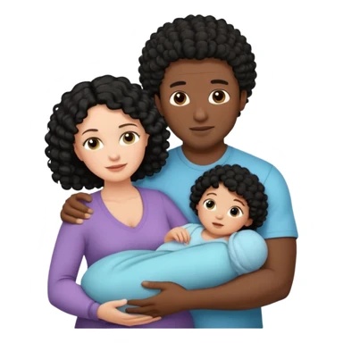 family: white woman curly black hair, black man with short black frizz hair, one 2 y o daughter , and a newborn in the and of the mother sticker