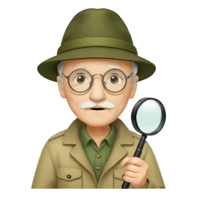 old man in beige moss green explorer outfit, wear black glass, hat, holding magnifying glass sticker