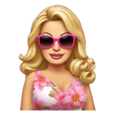 Jennifer Coolidge from tv show White Lotus. She is wearing a large vintage sunglasses. She has a pink head scarf and pink floral dress sticker