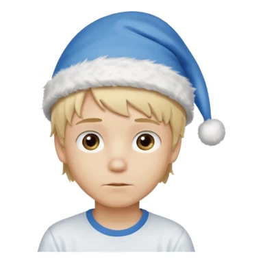 create boy blonde hair long messy, light eyes, white t shirt, rich, long hair, eyes blue, acessory head cristimas blue hat, fluffy hair medium long hair sticker