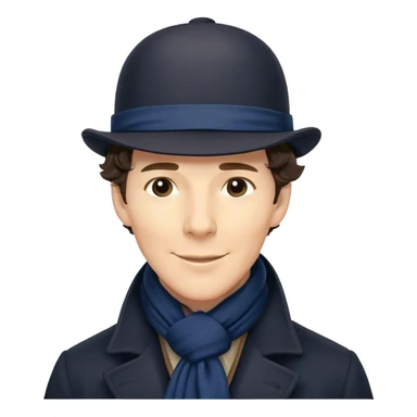 sherlock holmes benedict cumberbatch smile, wearing a deerstalker hat, Long dark coat, Dark suits, dark Blue scarf sticker