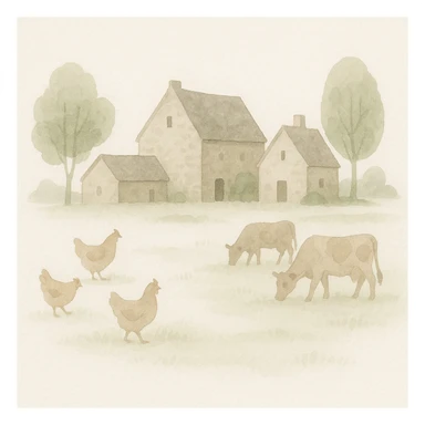medieval farm watercolor style, stone houses, chickens and cows, trees and pasture, bucolic mood sticker