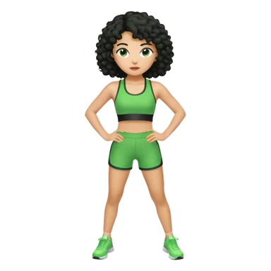 woman with olive skin and curly black hair wearing a green workout outfit (shorts) and standing in a disco pose sticker