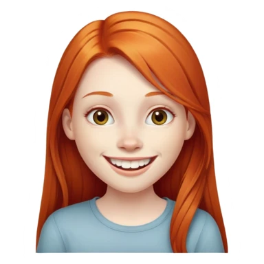 traditional emoji of young girl with very pale skin, long straight bright ginger red hair, regular human eyes (not cat-like), wide nose, big smile with extremely large prominent teeth showing, classic round face sticker