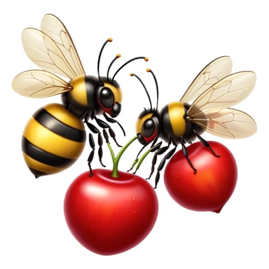 two big red cherries with one cute bumble bee sticker