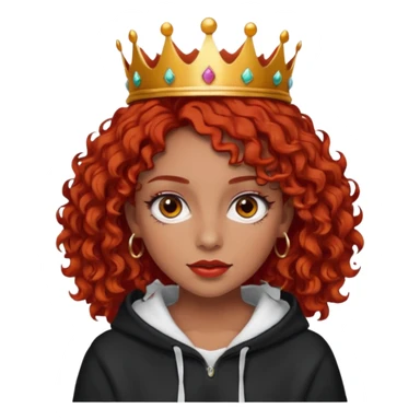 Slim girl with a fine face, dark chocolate-colored and tanned skin, medium-length curly tomato-red hair, dark eyes, medium-thick eyelashes, and a crown and hoop earrings wearing a white hooded sweatshirt.
 sticker