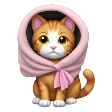 a light red cat with a white muzzle and a black collar is wrapped in a gray blanket with a pink bow on his ear sticker