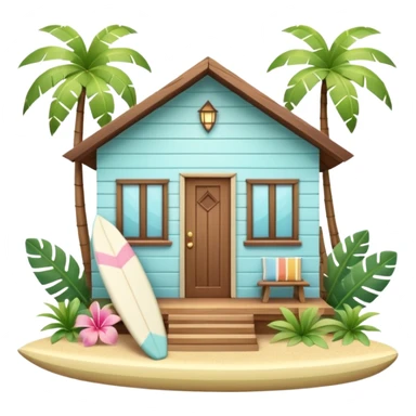 Hawaiian bungalow house, pastel colors, wooden porch, surfboard leaning on wall, palm leaves, tropical vibe, cute mobile game icon style, 3D cartoon, clean background, no text
 sticker